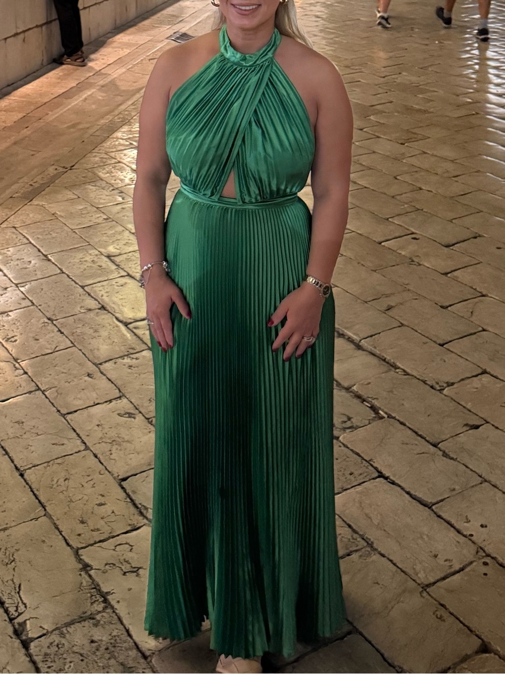 Emerald Green Backless Halter Pleated Evening Dress